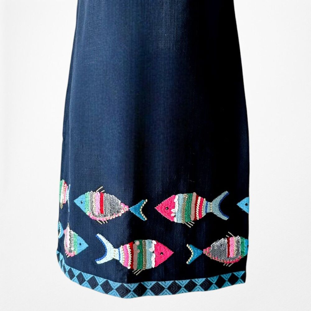 Vintage Y2K 90s Navy Blue Knee Length Tropical Print Casual Shift Dress Size M - Picture 8 of 9